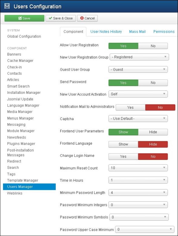 Joomla 用户设置