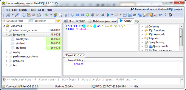 MariaDB Min function 2