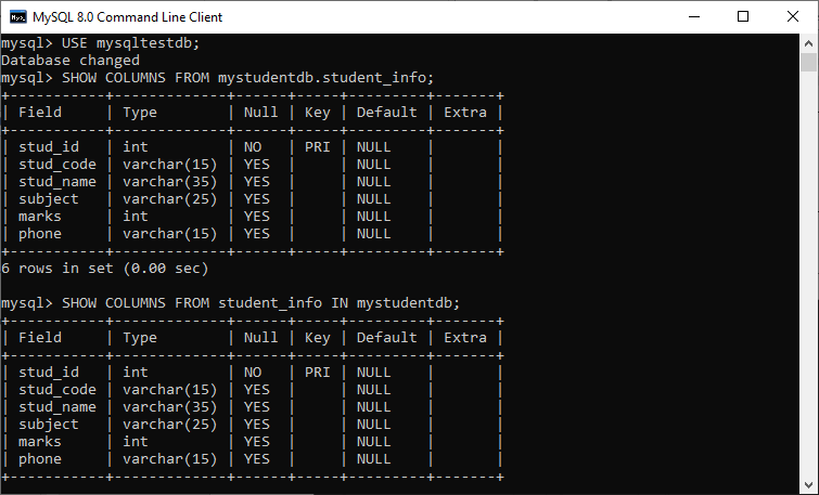 MySQL DESCRIBE TABLE 