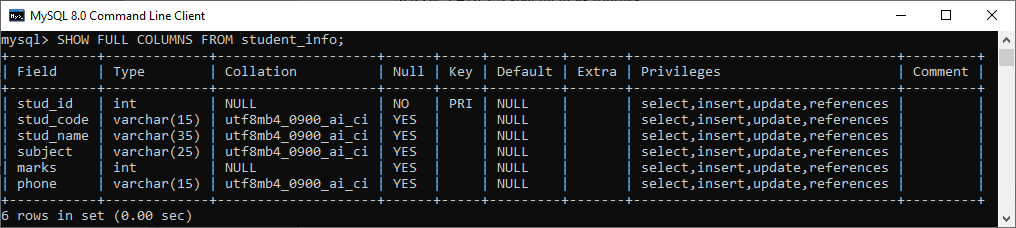 MySQL DESCRIBE TABLE