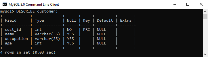 MySQL DESCRIBE TABLE