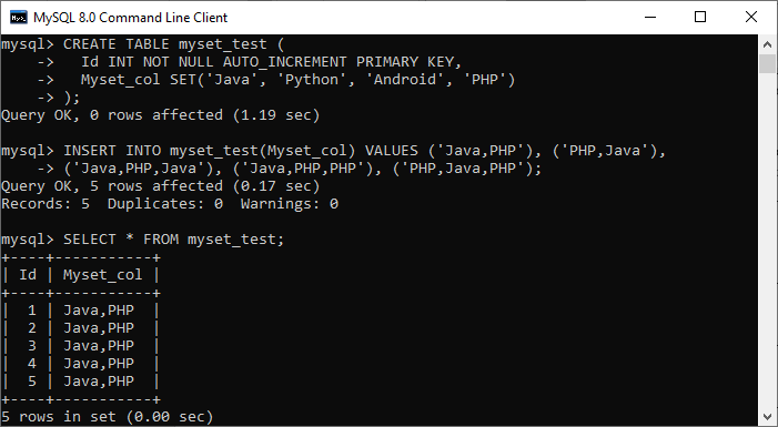 MySQL set