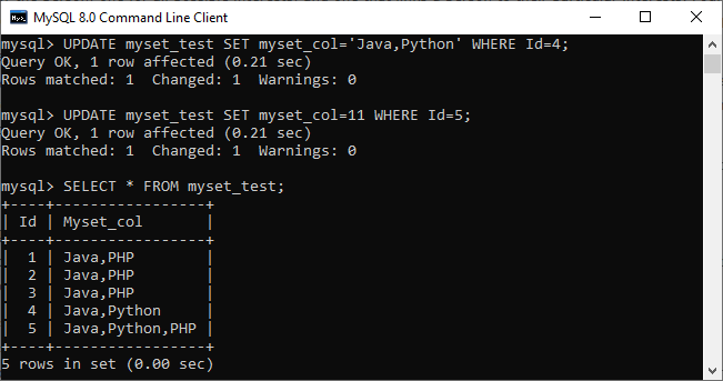 MySQL set