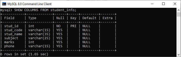 MySQL Show Columns