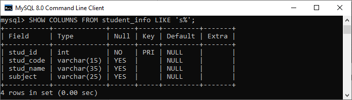 MySQL Show Columns