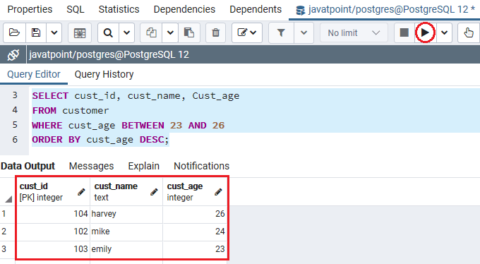 PostgreSQL Between Condition