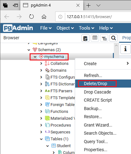 PostgreSQL Drop Schema