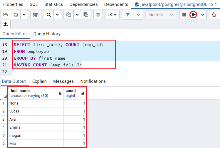 PostgreSQL Have子句