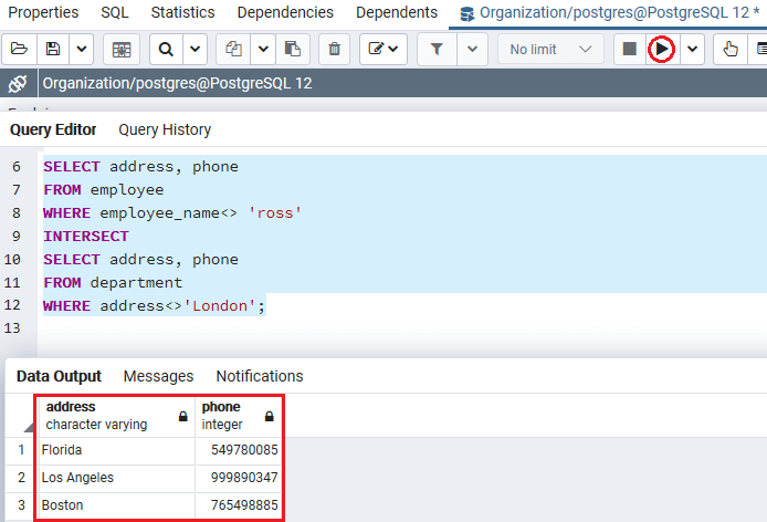 PostgreSQL INTERSECT