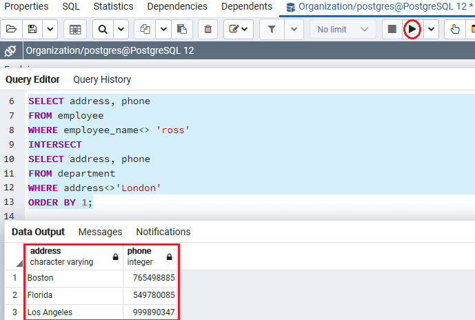 PostgreSQL INTERSECT