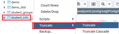 PostgreSQL TRUNCATE TABLE