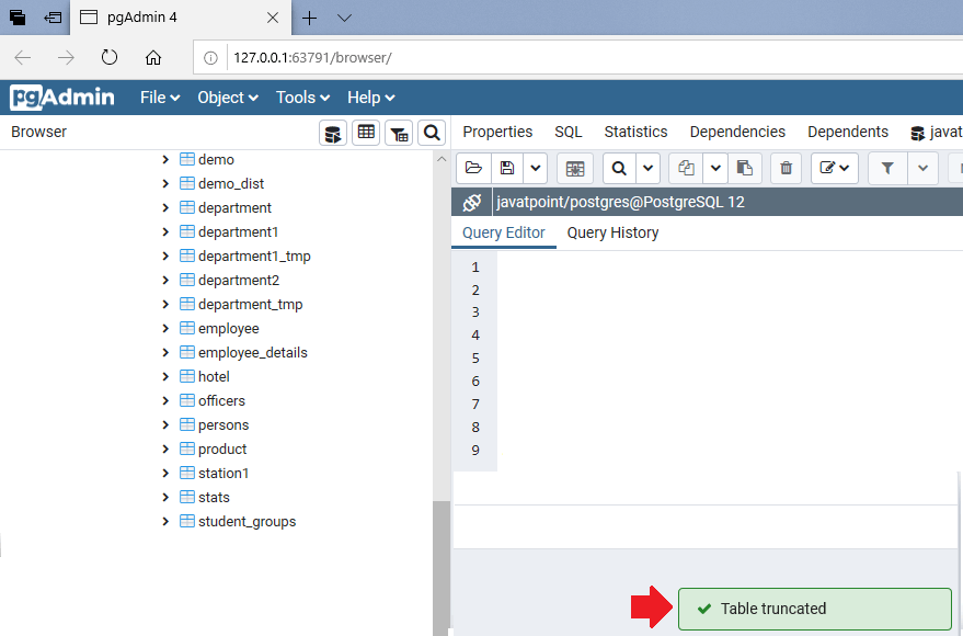PostgreSQL TRUNCATE TABLE