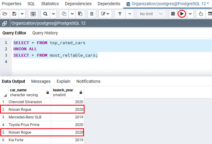 PostgreSQL Union