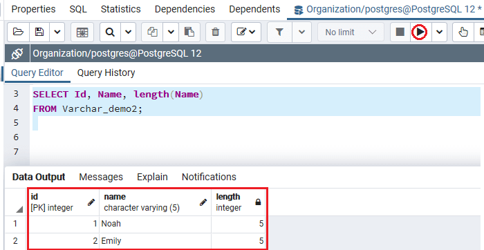 PostgreSQL Varchar