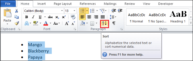 如何在Microsoft Word中按字母顺序排列数据